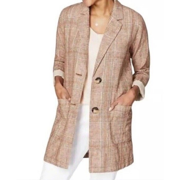 J Jill Harper Henna Oversized Relaxed Fit Linen Boyfriend Blazer Size XL Plaid